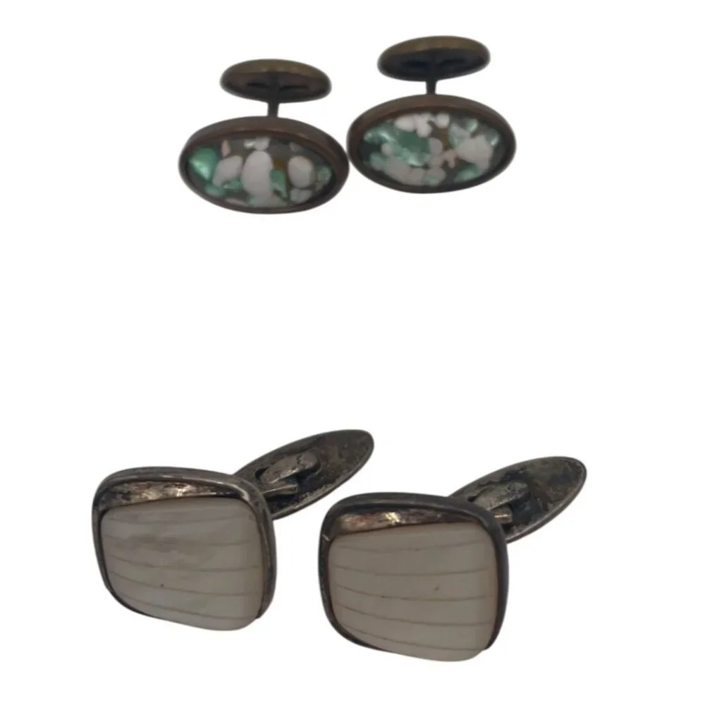 Vintage 835 Silver & Mother Of Pearl Cufflinks Mosaic Design 2 Sets